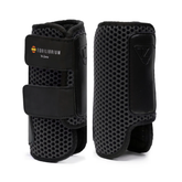 Pair of black horse leg protective boots with Equilibrium branding on a white background